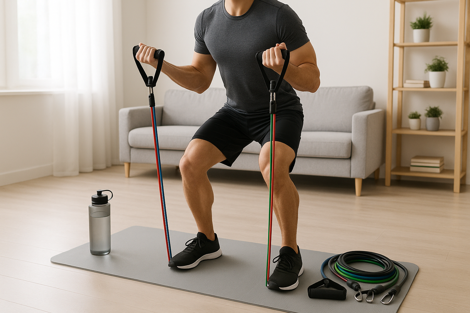 Lifestyle shot of a fit person using professional resistance bands for strength training in a modern home environment. Show the bands in action during a workout, with proper form and technique. Include hydration elements and emphasize the professional quality of the equipment. Bright, motivational atmosphere with clean composition.